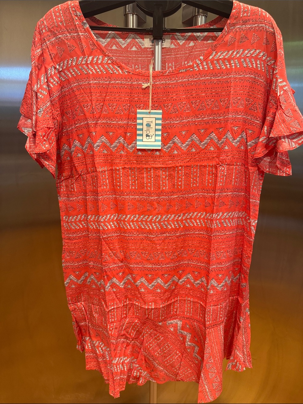Coral Aztec Print Short Sleeve Tunic